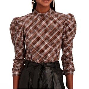 Veronica Beard Brown Plaid Puff Sleeve Isabel Blouse - XS/S